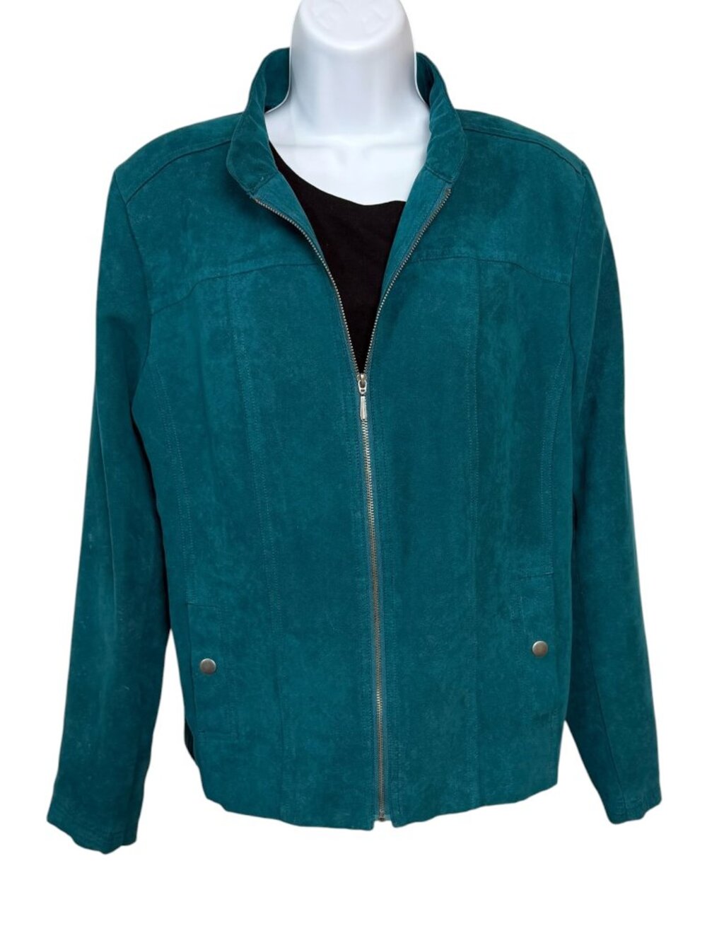 Studio Works Teal Faux Suede Zip Jacket Size 14 Stand Collar Career Casual